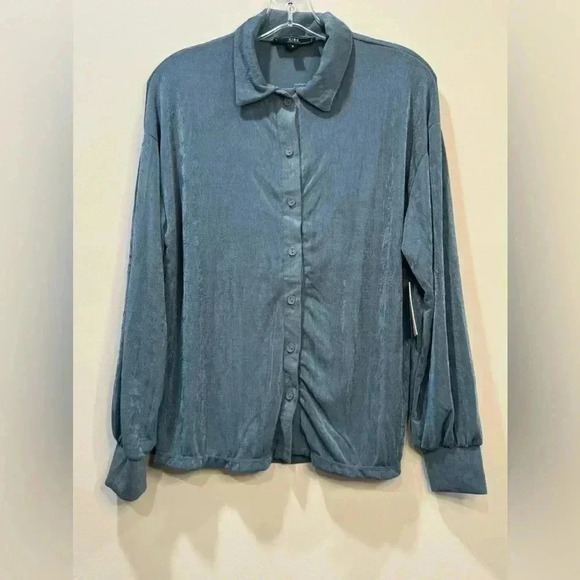 Vibe Sportswear Blue Shimmer Long Sleeve Boyfriend Shirt - Size S - Picture 1 of 12